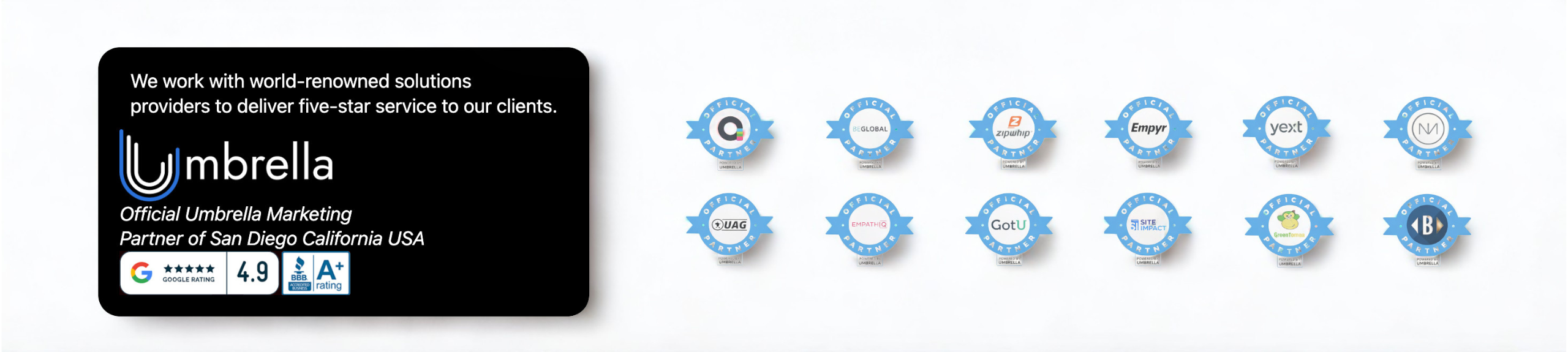 Umbrella Marketing partner and rating credentials with solution-provider badges